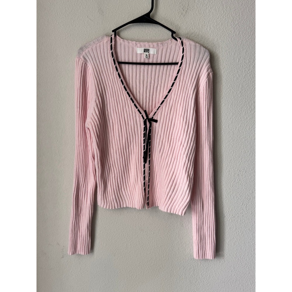 Madden NYC Pink Ribbed V-Neck Cardigan Black Ribbon Tie Front XL NS507A
